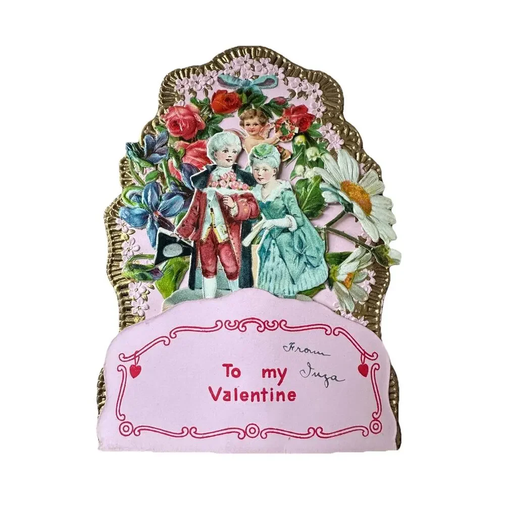 Victorian Antique Vintage Germany Diecut 3-D VALENTINES Card Cupid Couple Floral